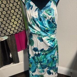 London Times Blue and Green Floral Midi Dress